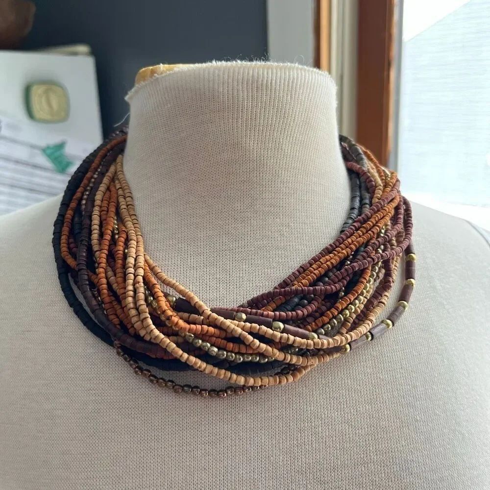VTG Wood Heishi Bead Multi Strand Necklace Brass Boho 20”
